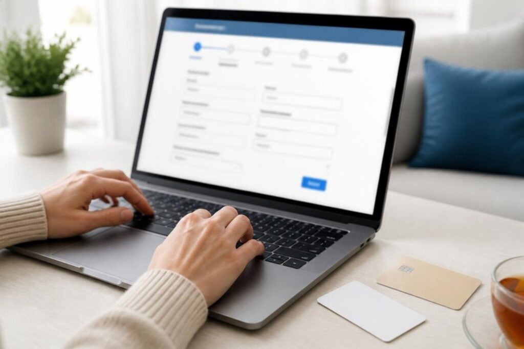 Zakładanie konta bankowego przez internet – wypełnianie wniosku na laptopie